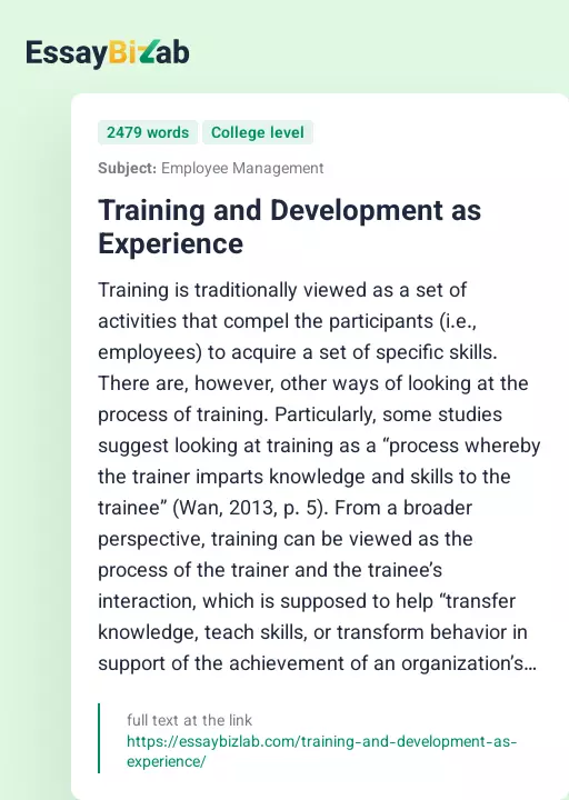 Training and Development as Experience - Essay Preview