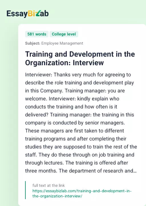 Training and Development in the Organization: Interview - Essay Preview