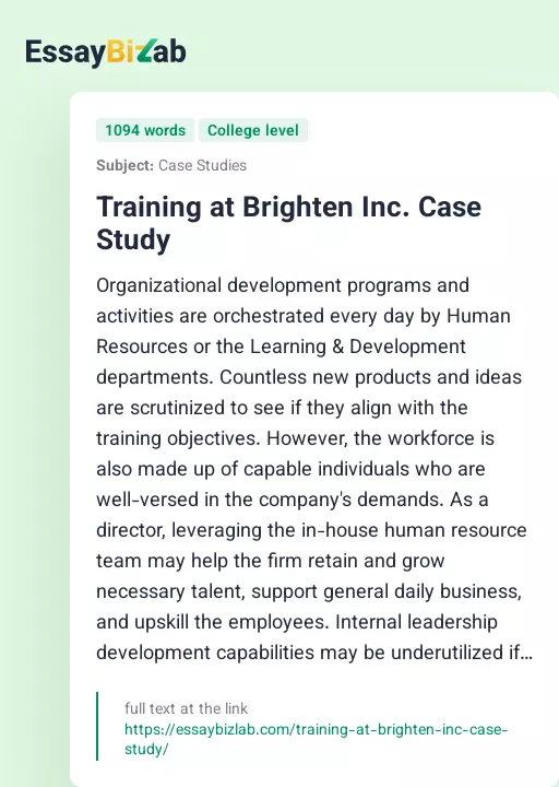 Training at Brighten Inc. Case Study - Essay Preview