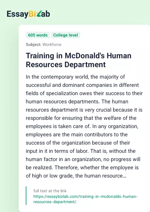 Training in McDonald's Human Resources Department - Essay Preview