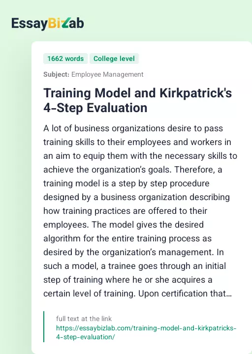 Training Model and Kirkpatrick's 4-Step Evaluation - Essay Preview