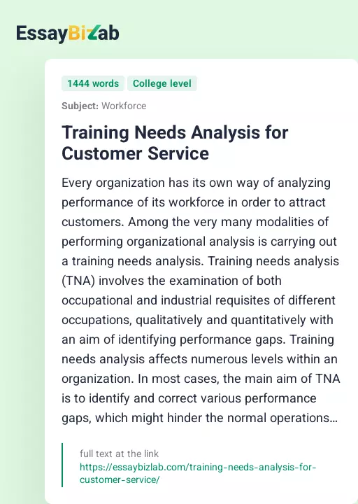 Training Needs Analysis for Customer Service - Essay Preview
