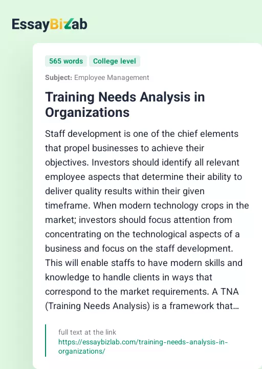 Training Needs Analysis in Organizations - Essay Preview