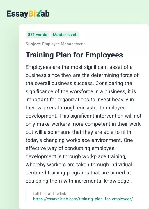 Training Plan for Employees - Essay Preview