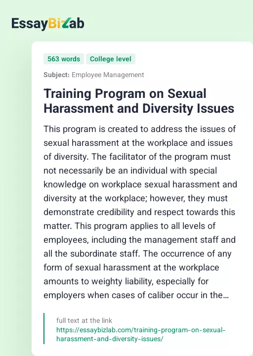 Training Program on Sexual Harassment and Diversity Issues - Essay Preview