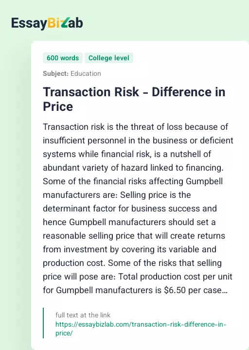 Transaction Risk - Difference in Price - Essay Preview