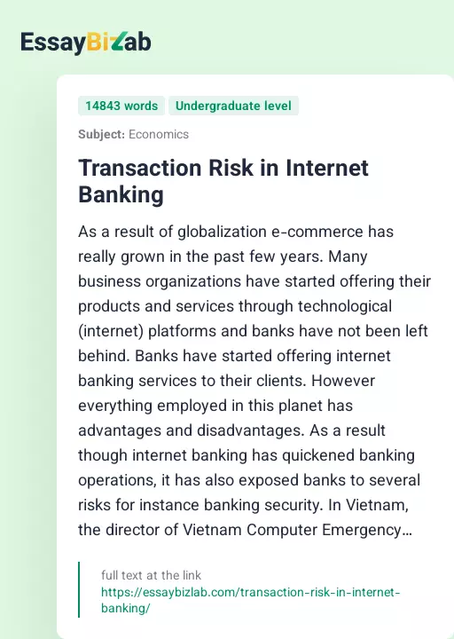 Transaction Risk in Internet Banking - Essay Preview