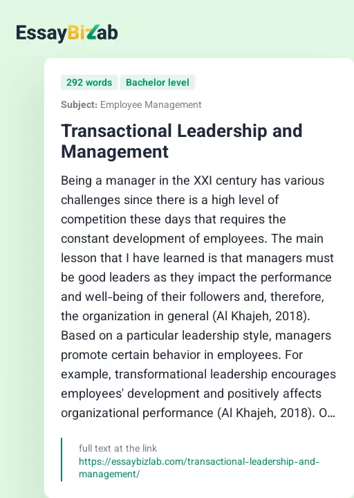 Transactional Leadership and Management - Essay Preview