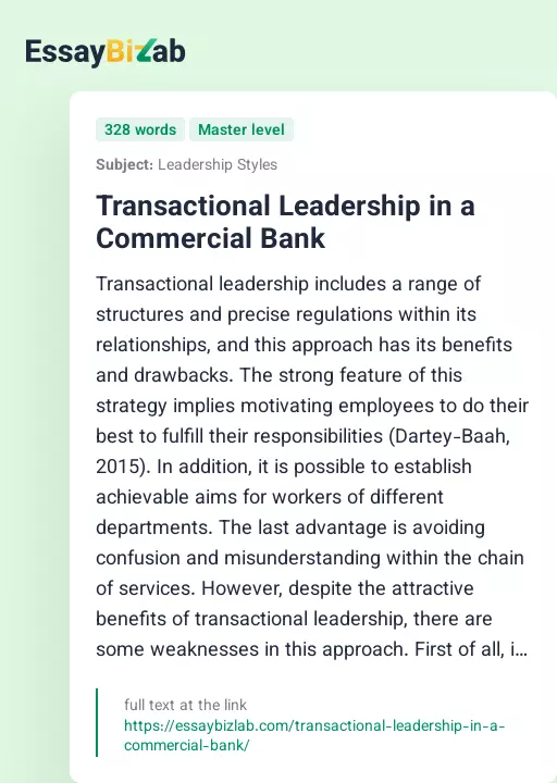 Transactional Leadership in a Commercial Bank - Essay Preview