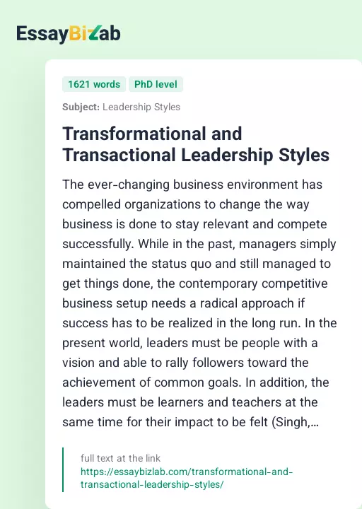 Transformational and Transactional Leadership Styles - Essay Preview
