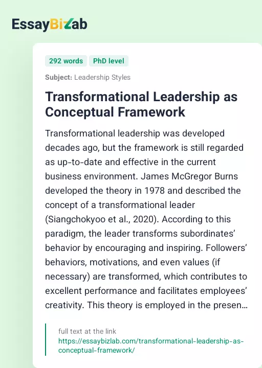 Transformational Leadership as Conceptual Framework - Essay Preview