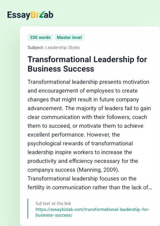 Transformational Leadership for Business Success - Essay Preview