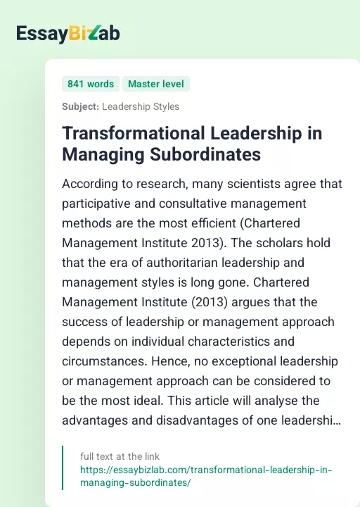 Transformational Leadership in Managing Subordinates - Essay Preview