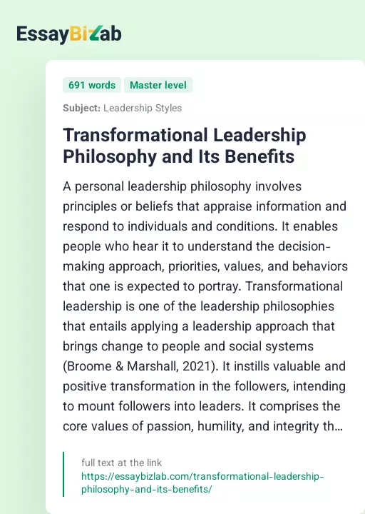 Transformational Leadership Philosophy and Its Benefits - Essay Preview
