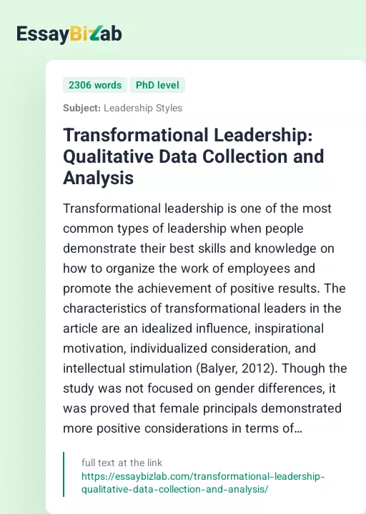 Transformational Leadership: Qualitative Data Collection and Analysis - Essay Preview