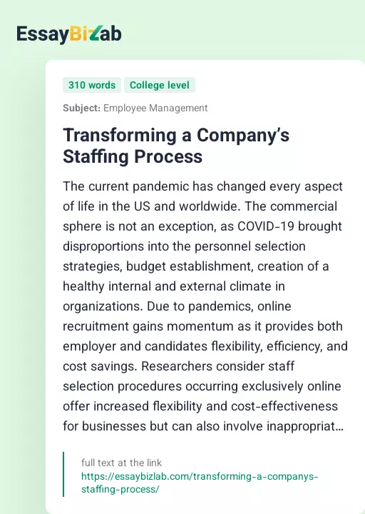 Transforming a Company’s Staffing Process - Essay Preview