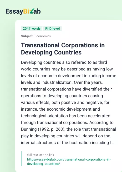 Transnational Corporations in Developing Countries - Essay Preview