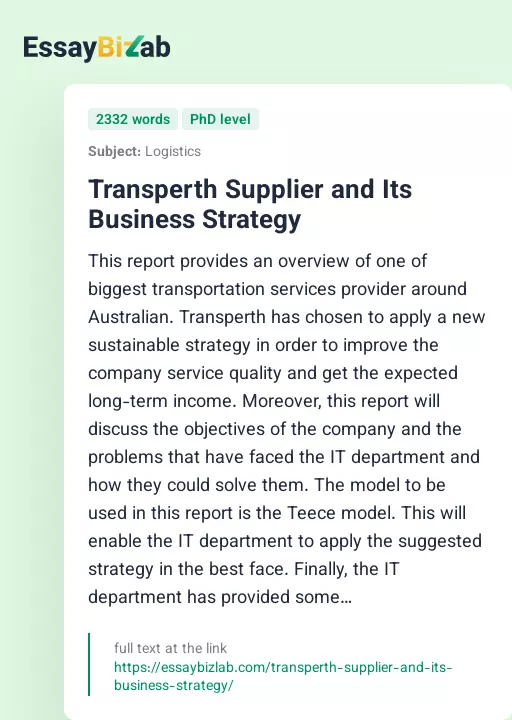 Transperth Supplier and Its Business Strategy - Essay Preview