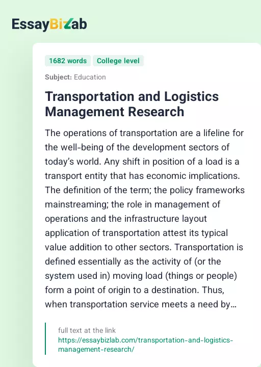 Transportation and Logistics Management Research - Essay Preview