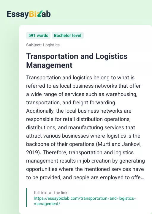 Transportation and Logistics Management - Essay Preview