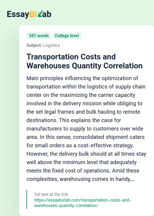 Transportation Costs and Warehouses Quantity Correlation - Essay Preview