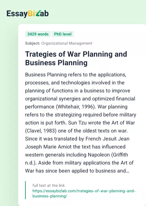 Trategies of War Planning and Business Planning - Essay Preview