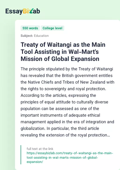 Treaty of Waitangi as the Main Tool Assisting in Wal-Mart's Mission of Global Expansion - Essay Preview