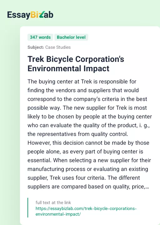 Trek Bicycle Corporation's Environmental Impact - Essay Preview