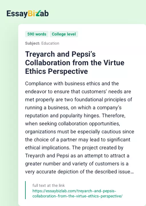 Treyarch and Pepsi’s Collaboration from the Virtue Ethics Perspective - Essay Preview