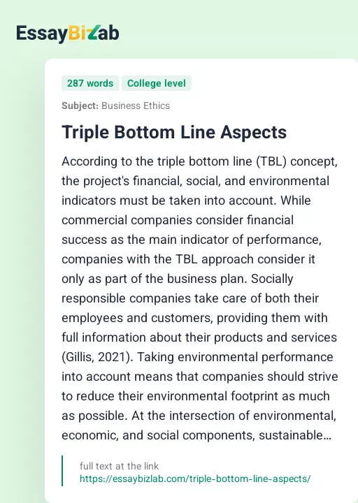 Triple Bottom Line Aspects - Essay Preview
