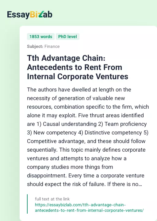 Tth Advantage Chain: Antecedents to Rent From Internal Corporate Ventures - Essay Preview