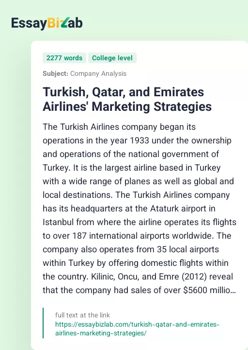 Turkish, Qatar, and Emirates Airlines' Marketing Strategies - Essay Preview