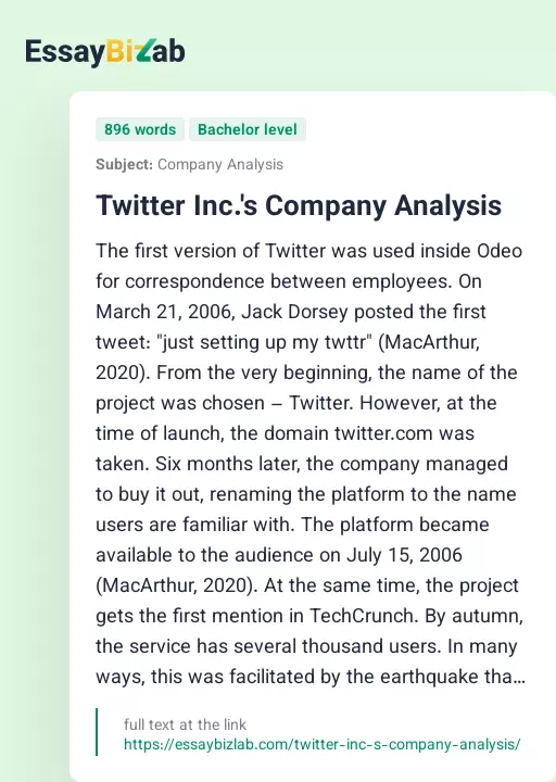 Twitter Inc.'s Company Analysis - Essay Preview