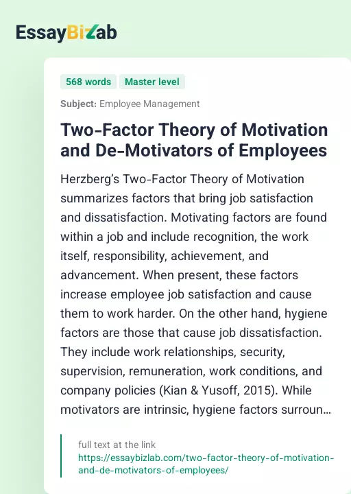 Two-Factor Theory of Motivation and De-Motivators of Employees - Essay Preview