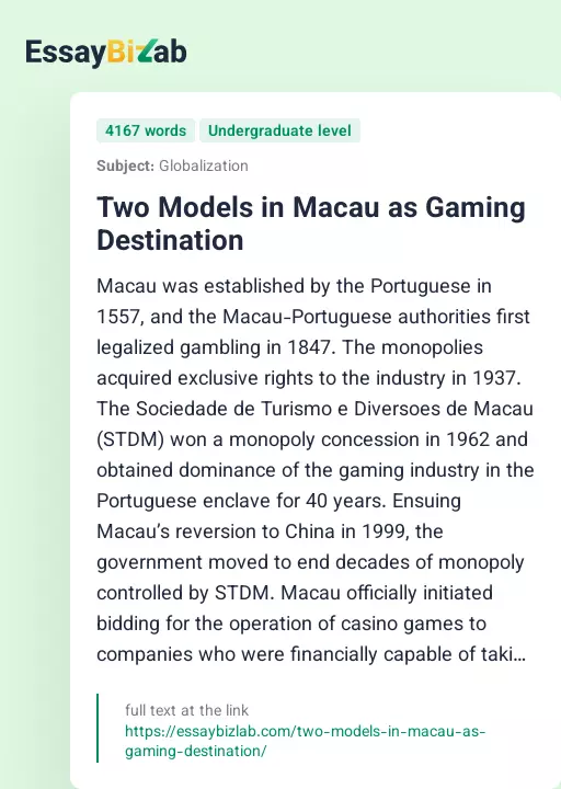 Two Models in Macau as Gaming Destination - Essay Preview