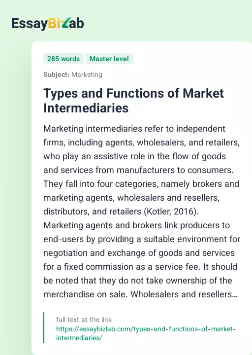 Types and Functions of Market Intermediaries - Essay Preview