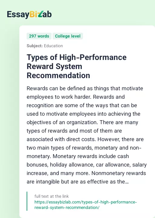 Types of High-Performance Reward System Recommendation - Essay Preview