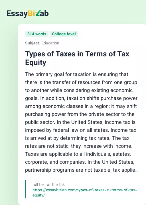 Types of Taxes in Terms of Tax Equity - Essay Preview
