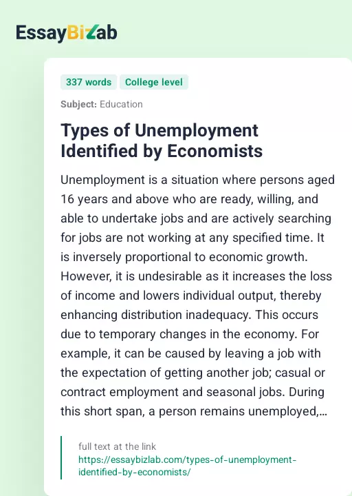 Types of Unemployment Identified by Economists - Essay Preview