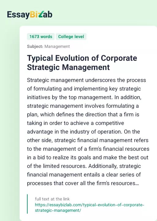 Typical Evolution of Corporate Strategic Management - Essay Preview