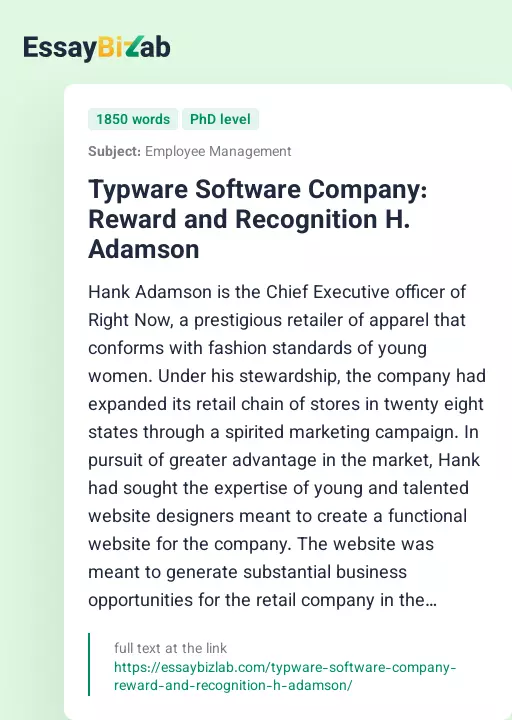 Typware Software Company: Reward and Recognition H. Adamson - Essay Preview