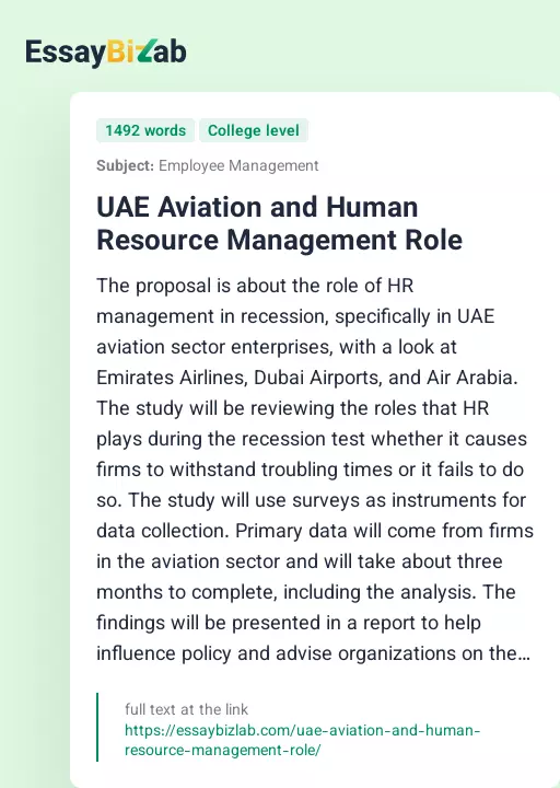 UAE Aviation and Human Resource Management Role - Essay Preview