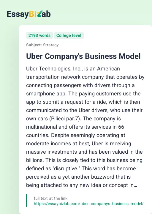 Uber Company's Business Model - Essay Preview