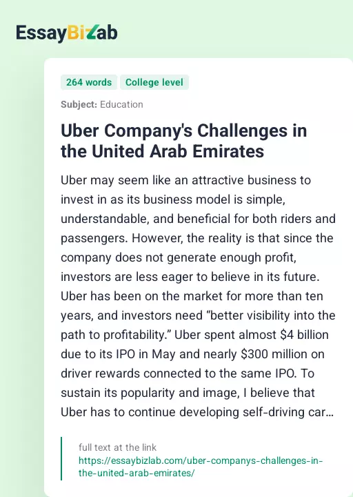 Uber Company's Challenges in the United Arab Emirates - Essay Preview