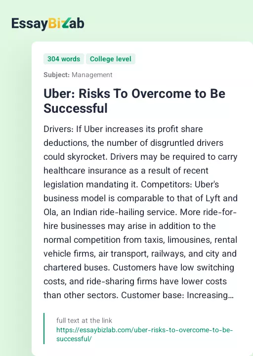 Uber: Risks To Overcome to Be Successful - Essay Preview