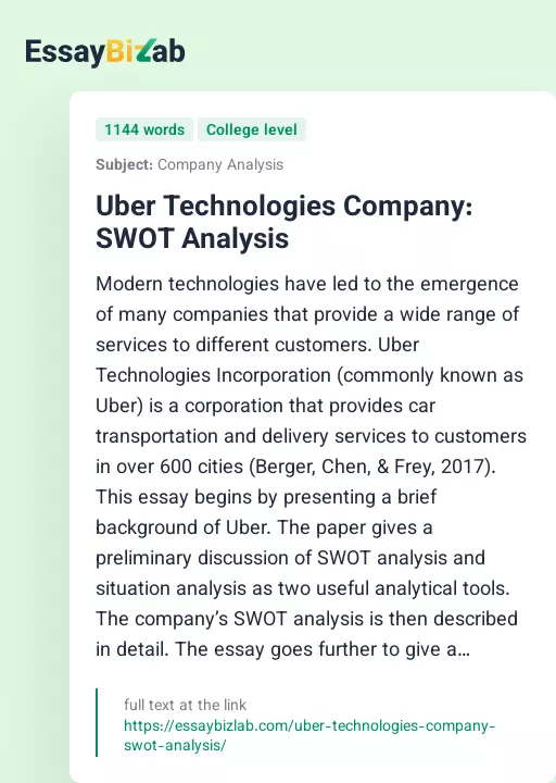 Uber Technologies Company: SWOT Analysis - Essay Preview
