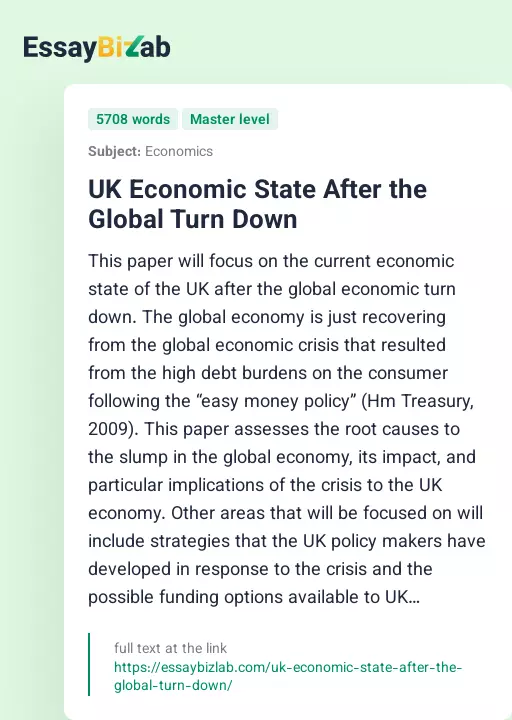 UK Economic State After the Global Turn Down - Essay Preview