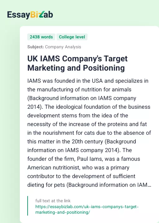 UK IAMS Company's Target Marketing and Positioning - Essay Preview