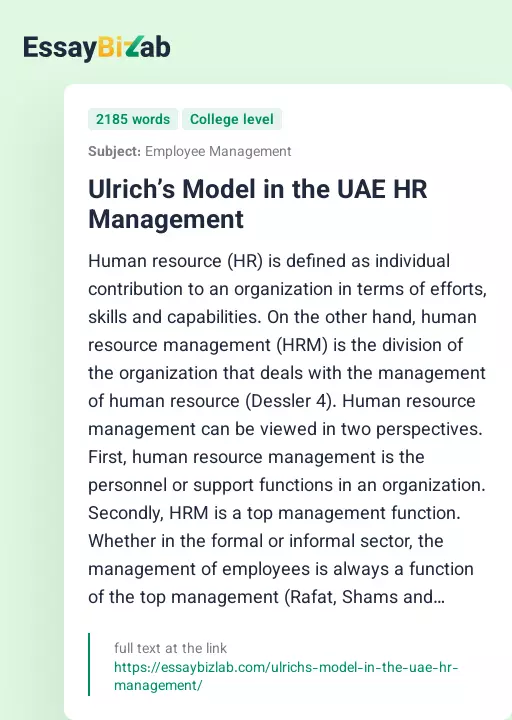 Ulrich’s Model in the UAE HR Management - Essay Preview