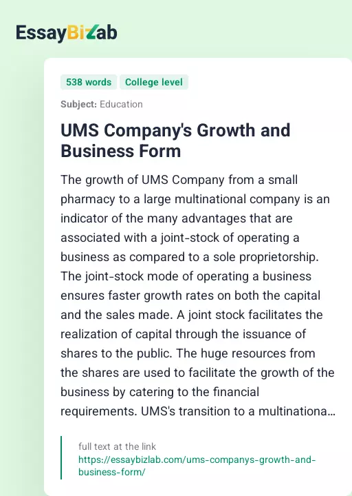 UMS Company's Growth and Business Form - Essay Preview